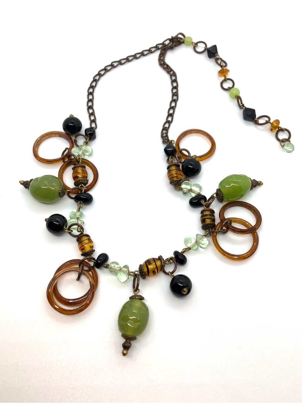 Vintage All Glass Green and Amber Beads & Hoops Charms Collar Necklace